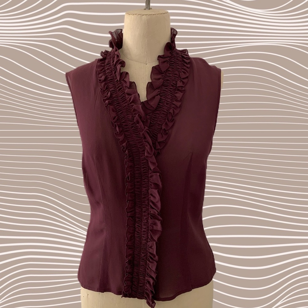 Escada burgundy sleeveless blouse with ruffle